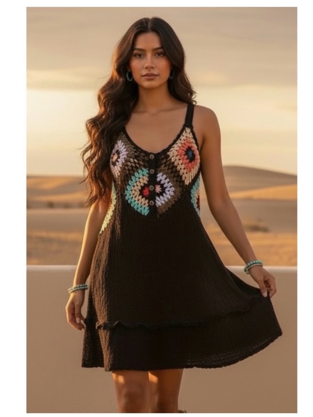 POL SLEEVELESS CROCHET
GRANNY SQUARE MINI DRESS WITH FLOUNCY RUFFLED HEM NWT SzL